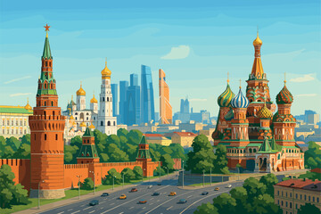 Fototapeta premium Daylight Moscow panorama with Kremlin and Saint Basil’s Cathedral