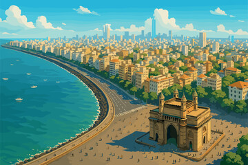 Mumbai panorama with Gateway of India and Marine Drive coastline