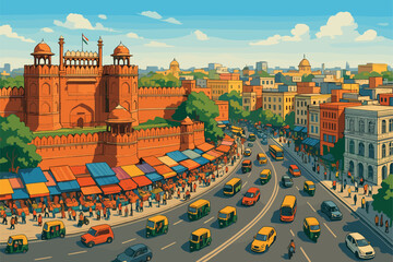 Vibrant view of Delhi with Red Fort and bustling markets