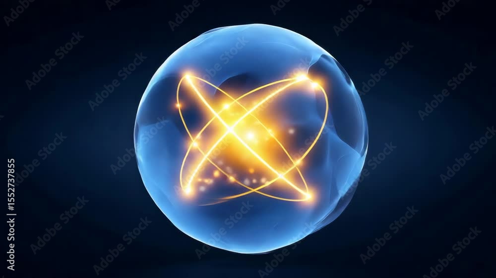 Aufkleber glowing blue orb representing atomic structure with radiant lines and particles on dark background