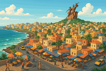 Dakar daytime panorama with coast, vendors and Renaissance Monument