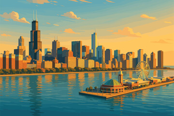 Morning Chicago skyline with Navy Pier and calm Lake Michigan waters