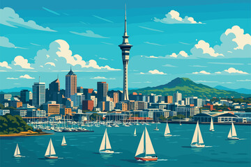 Auckland cityscape with Sky Tower, harbor and volcanic hills view