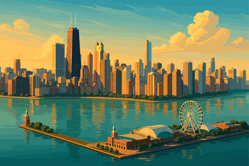 Morning Chicago skyline with Navy Pier and calm Lake Michigan waters