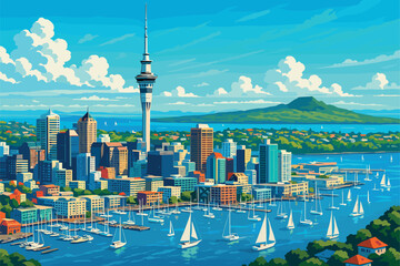 Auckland cityscape with Sky Tower, harbor and volcanic hills view