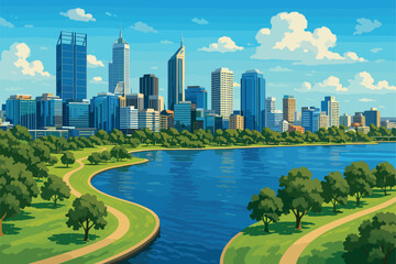 Daytime Perth skyline with Swan River and green waterfront parks