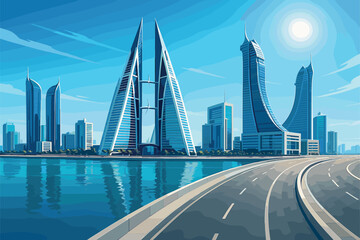 Obraz premium Sleek Manama skyline with futuristic towers and blue waters