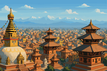 Panoramic Kathmandu daylight scene with temples and Himalayan haze