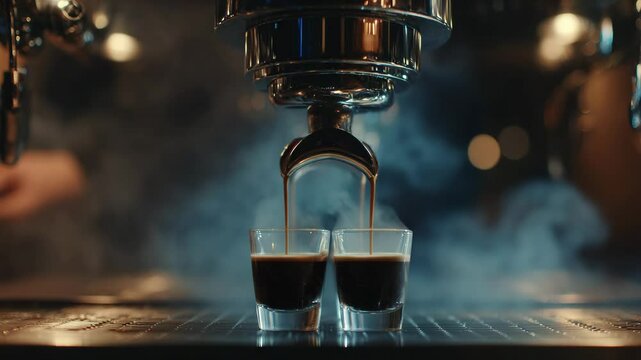 Espresso Machine Pouring Two Shots Into Glasses Dark Background