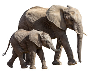  Baby Elephant Holding Tail of Mother While Walking, isolated on a transparent background.