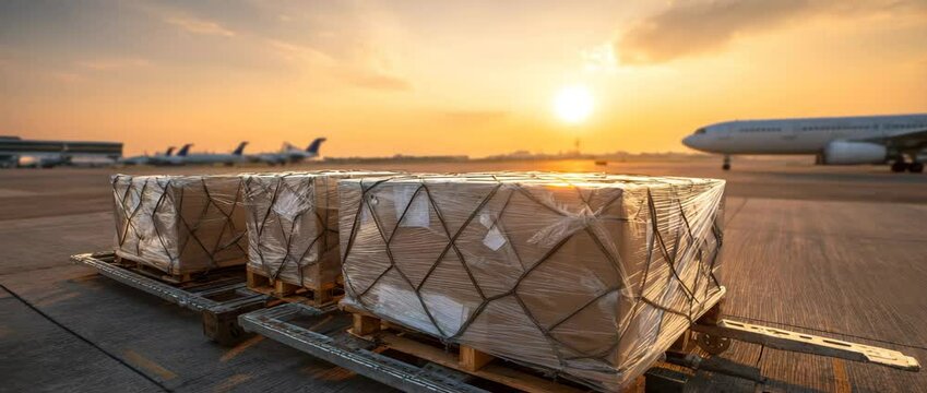 preparing ready for the flight. cargo containers being loaded into a freight aircraft's jet engine.