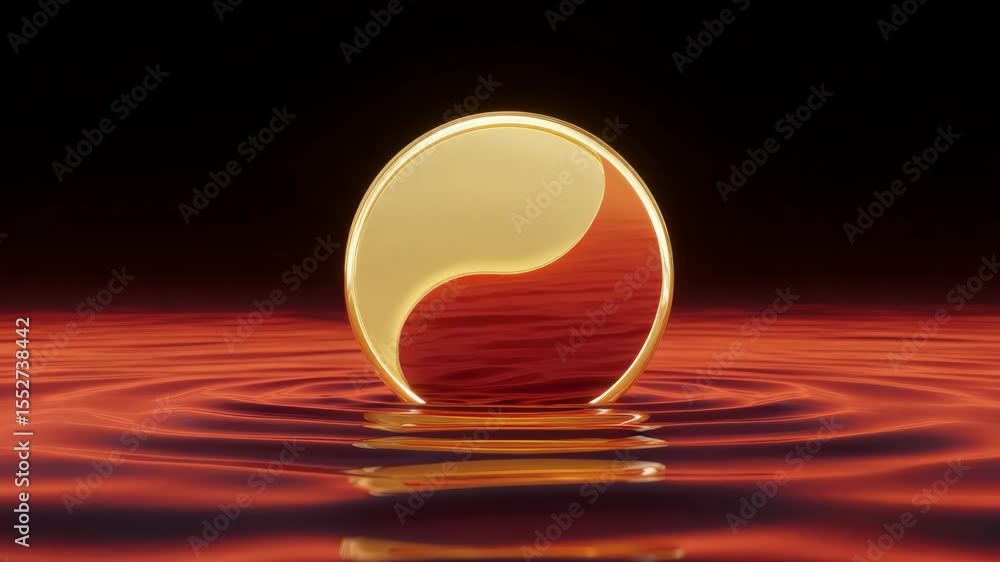 Poster golden and red circular object emerging from calm water under dark backdrop