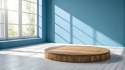 Wooden Platform on White Floor Against Blue Wall with Sunlight and Window Shadows 
