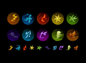 set of nature magic element symbol in button skills. fire, water, thunder, sun, plant, ice, wind, earth, shadow elemental