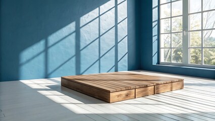 Wooden Platform on White Floor Against Blue Wall with Sunlight and Window Shadows 
