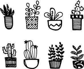 hand drawn a set of flower pots. Spring plants.
