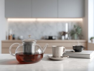 Obraz premium Glass teapot with brewed tea, a teacup, and book on a marble countertop against a blurred kitchen backdrop. Steam subtly rises from the tea