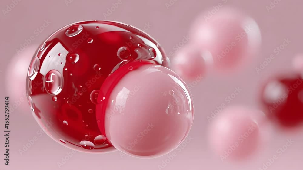 Poster abstract illustration of colorful spheres with droplets, featuring red and pink hues, floating in a 