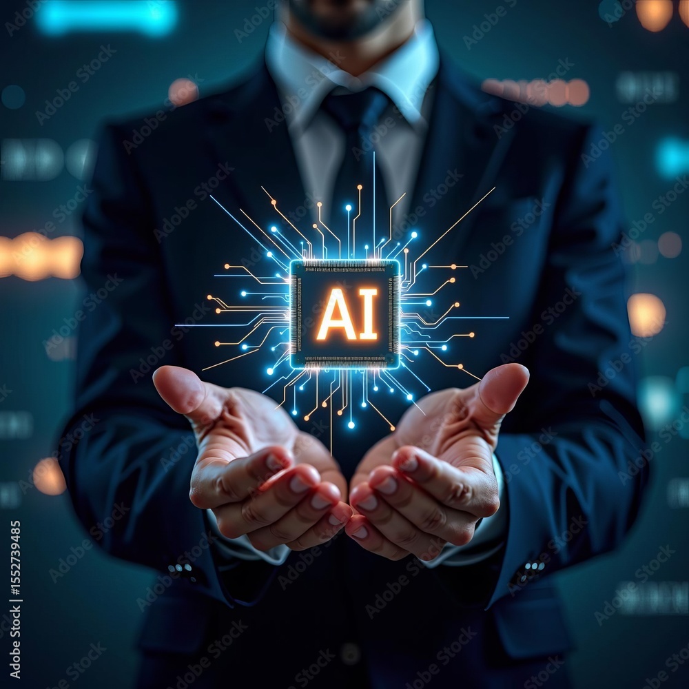 Poster artificial intelligence innovation and digital transformation concept with businessman holding glowi