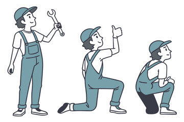 Mechanic Character Turnaround Sheet. Vector Auto Service Worker Sprite for Animation. Front, Side, and Back View Garage Model Sheet