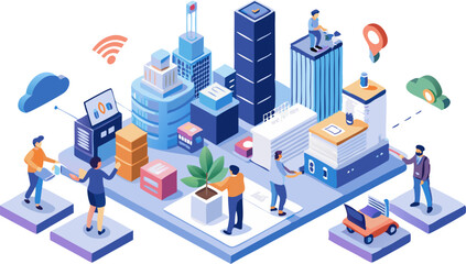 Flat isometric illustration of engineers building a smart city model: skyscrapers with sensors on roofs, data towers, and people collaboratively connecting nodes.