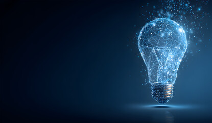 A light bulb is shown in a blue background. The light bulb is lit up and has a silver base