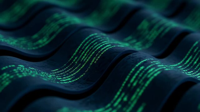 Abstract wavy dark surface with glowing green code
