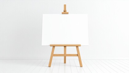 Wooden easel with blank paper white canvas in white empty studio interior - 3d rendering