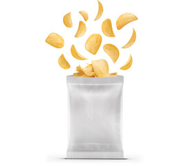 A bag of potato chips with chips floating above it, showcasing a snack product.
