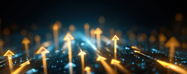 Glowing golden arrows ascend on a dark blue digital surface, representing growth and upward trajectory