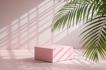 Fototapeta premium Pink Cube Display with Palm Leaf Shadows Minimalist Product Photography Background