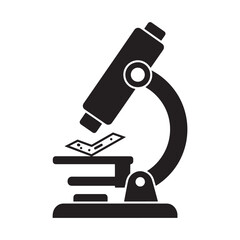 Black and white icon of a modern microscope for scientific research and study purposes