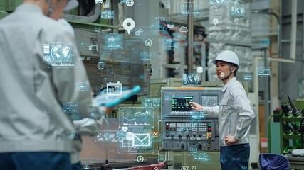 工場で機械を操作する作業員とデジタルテクノロジーのコンセプト - Powered by Adobe