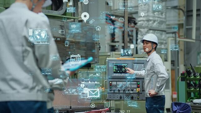工場で機械を操作する作業員とデジタルテクノロジーのコンセプト - Powered by Adobe
