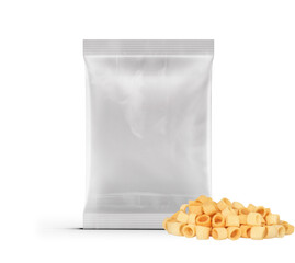 A clear plastic bag with a pile of small, tubular snacks beside it.