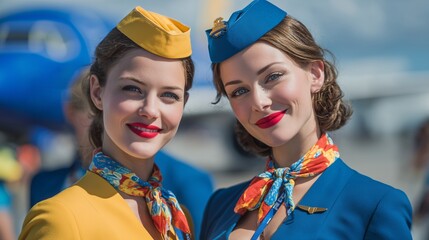 Flight attendants preparing for takeoff, airline teamwork and passenger service