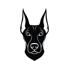A black and white tattoo art silhouette illustration of a Doberman face.eps