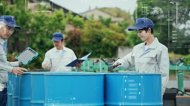 原料の在庫確認をする作業員のグループとデジタルテクノロジーのコンセプト