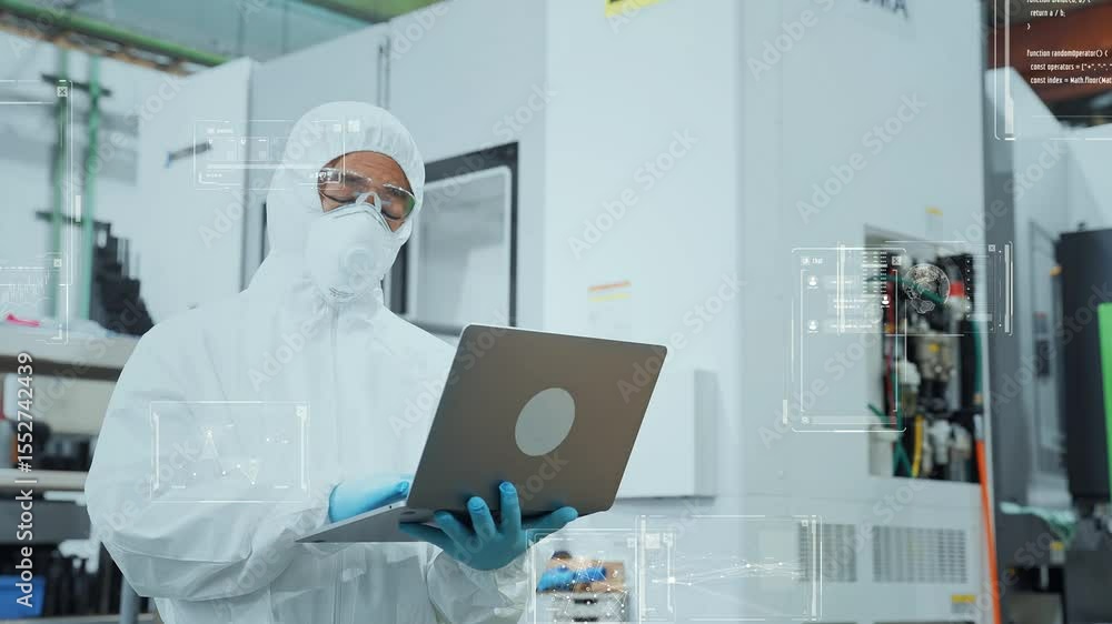 Poster Engineers in dustproof suits working in a factory and digital technology concept