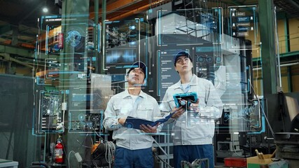 工場でホログラムのコントロールパネルを見るエンジニアのグループ - Powered by Adobe