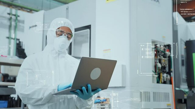 Engineers in dustproof suits working in a factory and digital technology concept