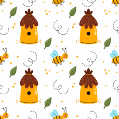 White seamless pattern ontheme of honey and beekeeping. Background for sewing clothes or printing on fabric. beehive and bee.