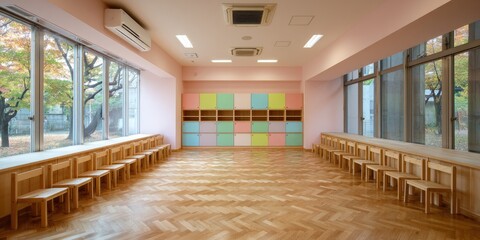 Bright, spacious classroom with large windows, light pink walls, light wood herringbone floors, and pastel-colored cubbies.  Small wooden chairs line the walls