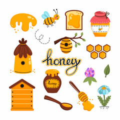large set of illustrations on topic of honey and beekeeping. Doodle style drawings for postcard decor