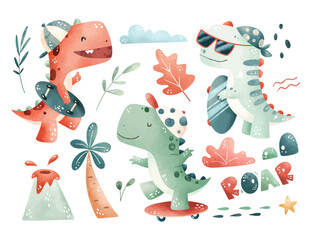 Watercolor Illustration Set of Dinosaurs and Skateboard