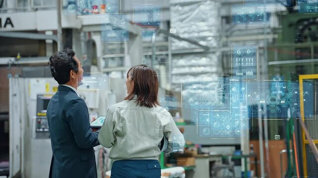 工場を視察するスタッフのグループとデジタルテクノロジーのコンセプト - Powered by Adobe