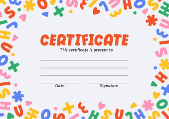 Template of simple colorful modern minimalist cute design of kids certificate or diploma with geometric shapes on light background, vector illustration, flat style