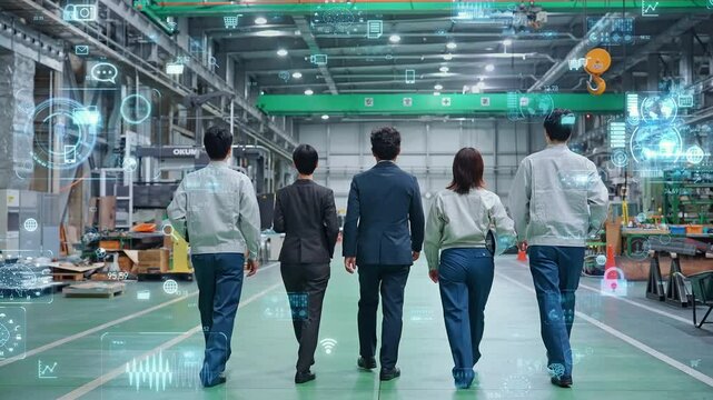 Group of corporate staff walking in factory with digital technology concept