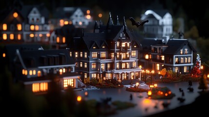 Voxel Haunted Mansion with Glowing Windows and Bat at Night
