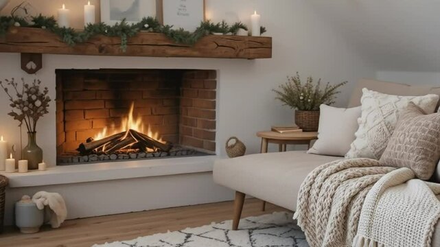 Cozy reading nook near the fireplace with a burning fire.Soft pillows, a large knitted blanket on the bench, candles create a warm atmosphere. Modern loft living room, Scandinavian farmhouse. 4k video